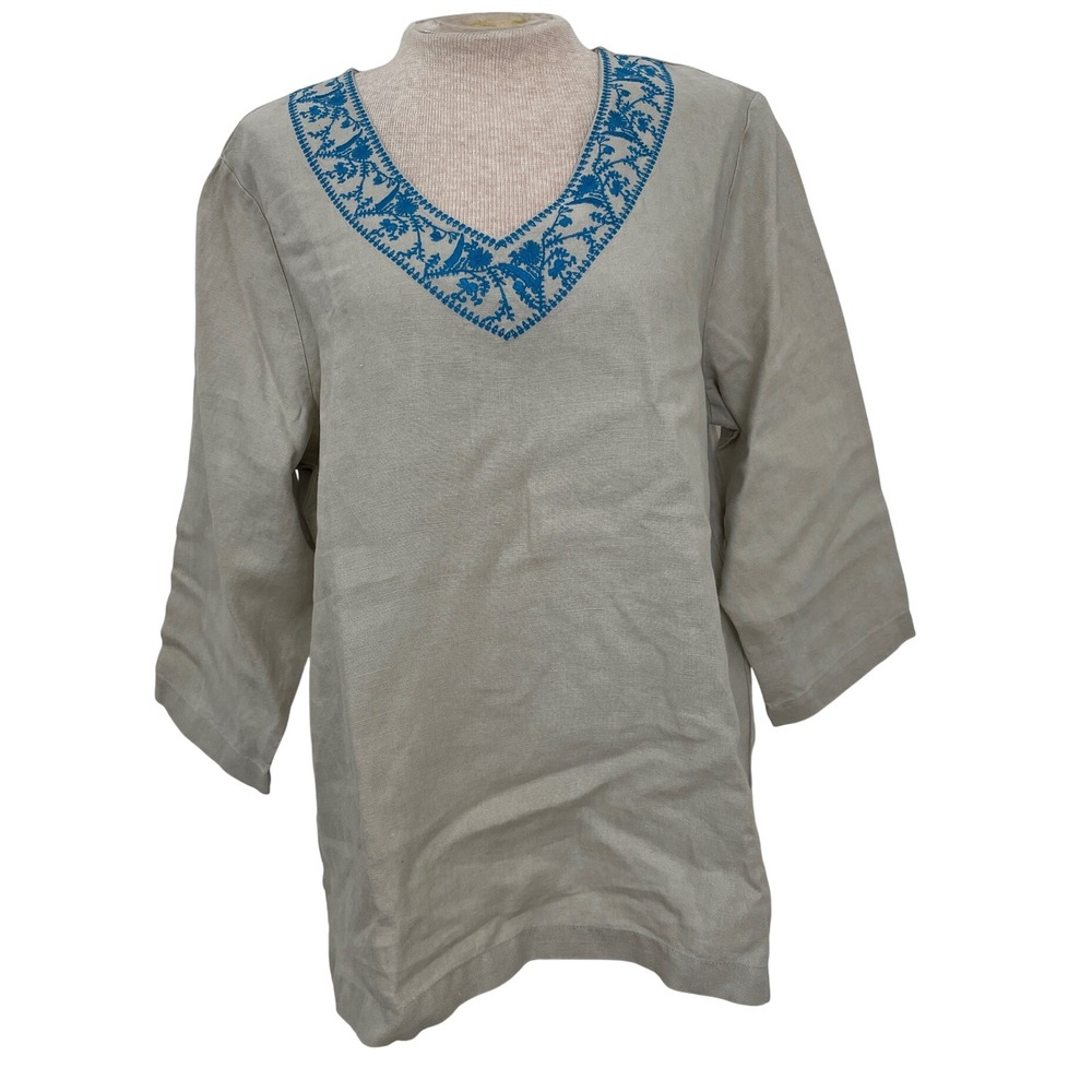 Chicos Linen Embroidered V-Neck Tunic Top Beige Blue Size 2 Large
